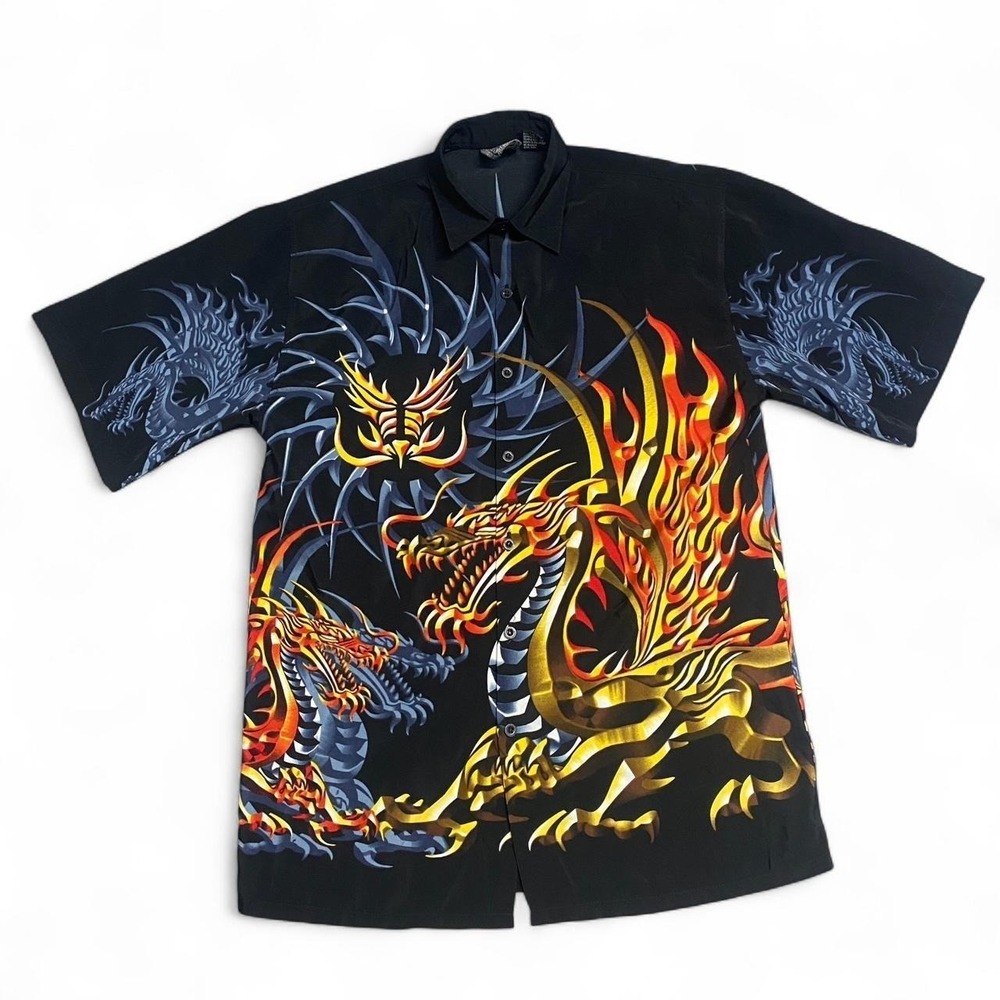 Y2K Dragon All Over Print Button Up Shirt Korean Made Black Flame Dragon